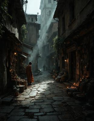 The primary subject of the image is a man wearing a long robe, standing on a cobblestone street in a city. The setting is a narrow alleyway with buildings on both sides, creating a sense of depth and urban atmosphere. The visual style of the image is a black and white photo, which adds a timeless and classic feel to the scene. The colors and mood of the image are predominantly dark, with the man's robe and the cobblestone street being the main sources of contrast
